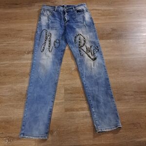 Blue Topic Denim Distressed Jeans 'No Rules' Design Diamond Studs Size 13/14
